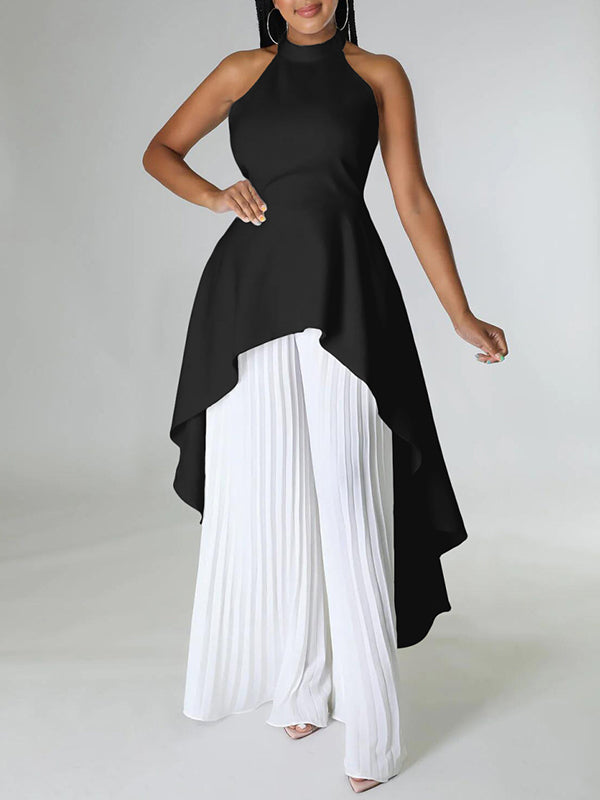 Loose Backless Lacy Solid Color Halter-Neck Vest Top + High-Low Pants Bottom Two Pieces Set