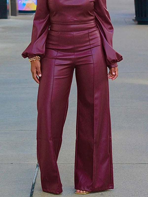 Long Sleeves Puff Sleeves Asymmetric Knot Solid Color Off-The-Shoulder Shirts Top + Pants Bottom Two Pieces Set