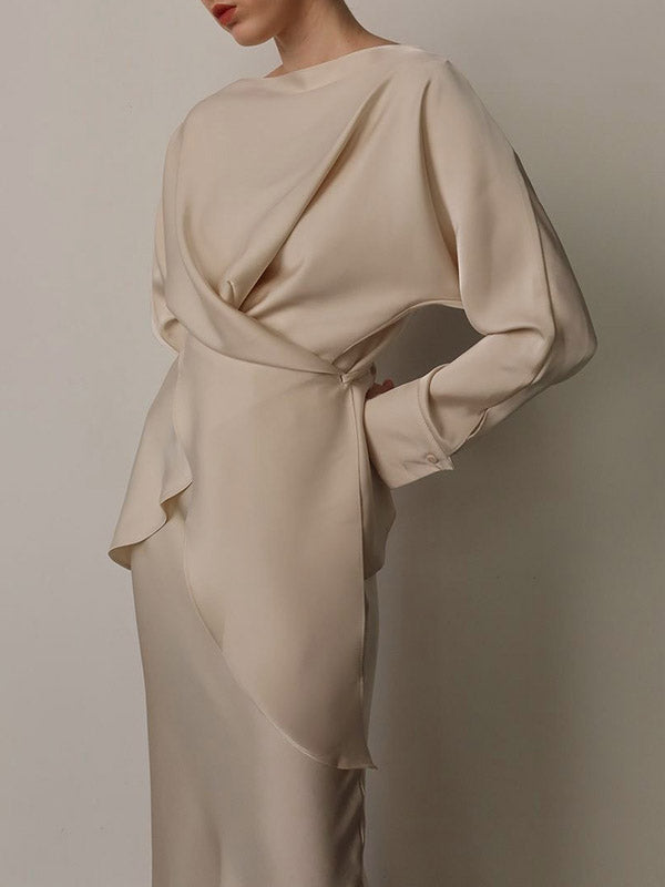 Loose Solid Color Split-Joint Boat Neck Long Sleeves Blouse & Shirt + Skirt Two Pieces Set