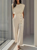 Cap Sleeve Loose Buttoned Solid Color Round-Neck Jumpsuits