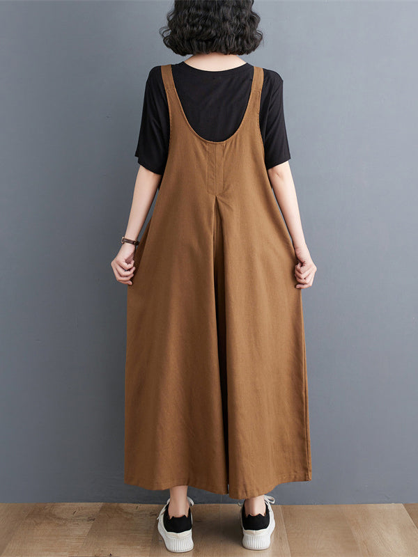 Ninth Pants Wide Leg Buttoned Solid Color Spaghetti-Neck Overalls