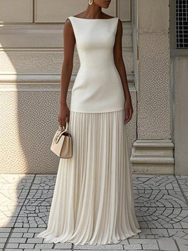 Sleeveless Gauze Pleated Solid Color Split-Joint Boat Neck Evening Dresses Maxi Dresses