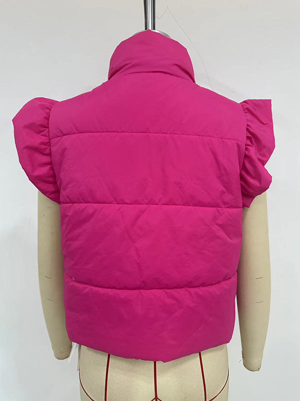 Flared Sleeves Pleated Solid Color Split-Joint High Neck Padded Vest