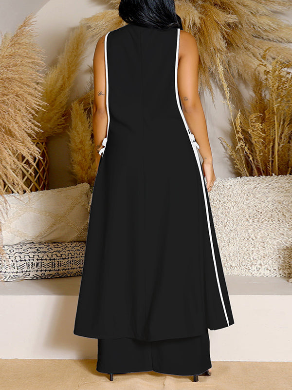Sleeveless Contrast Color Split-Joint V-Neck Top + Wide Leg Pants Trousers Two Pieces Set