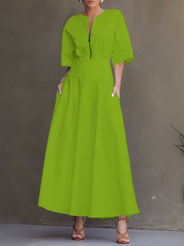 Half Sleeves Loose Solid Color Zipper Round-Neck Maxi Dresses