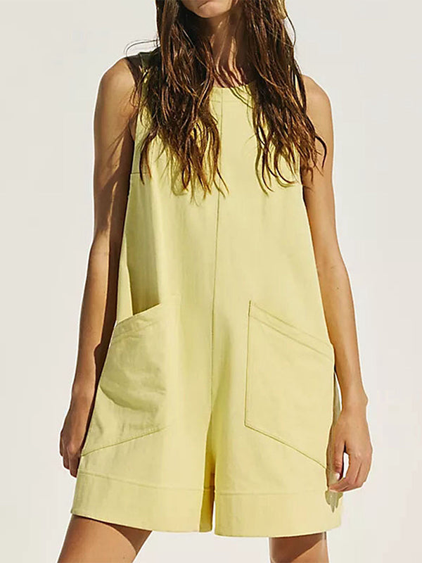 Loose Sleeveless Pockets Solid Color Round-Neck Rompers