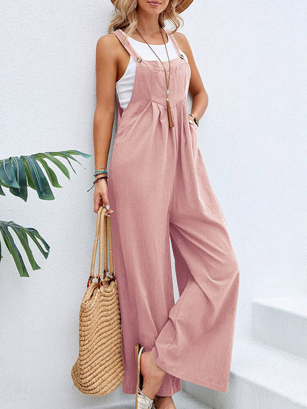 Loose Plus Size Pleated Split-Joint Square-Neck Overalls