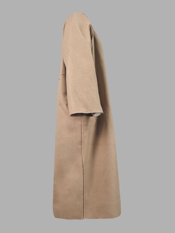 Long Sleeves Loose Solid Color Collarless Woolen Coat