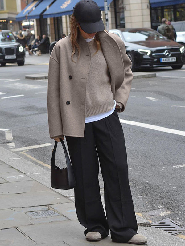 Long Sleeves Loose Buttoned Stand Collar Woolen Coat