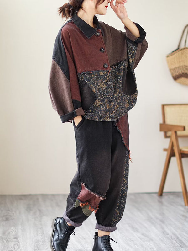 Contrast Color Fringed Split-Joint Long Sleeves Printed Outwear + Harem Pants  Two Pieces Set