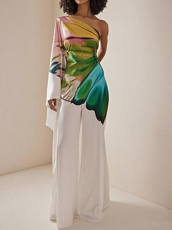 Long Sleeves Loose Flower Print Pleated Pockets One-shoulder Jumpsuits