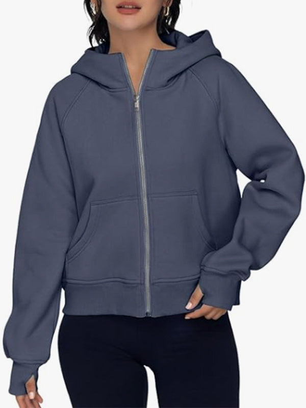 Hooded Long Sleeves Pockets Solid Color Zipper Jackets Outerwear