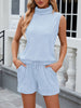 Loose Sleeveless Drawstring Jacquard Solid Color Split-Joint High Neck Vest Top + Pockets Shorts Bottom Two Pieces Set