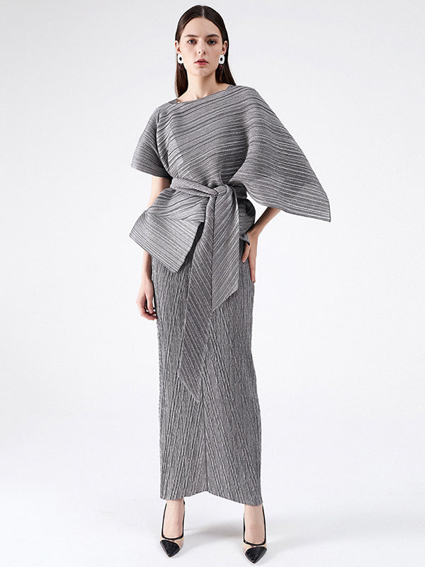 Urban Loose Solid Color Tied Pleated Top&V-Back Vest Dress Two Pieces Set