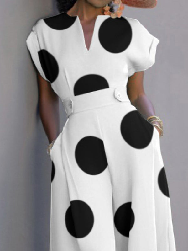 Short Sleeves Wide Leg Polka-Dot V-Neck Jumpsuits