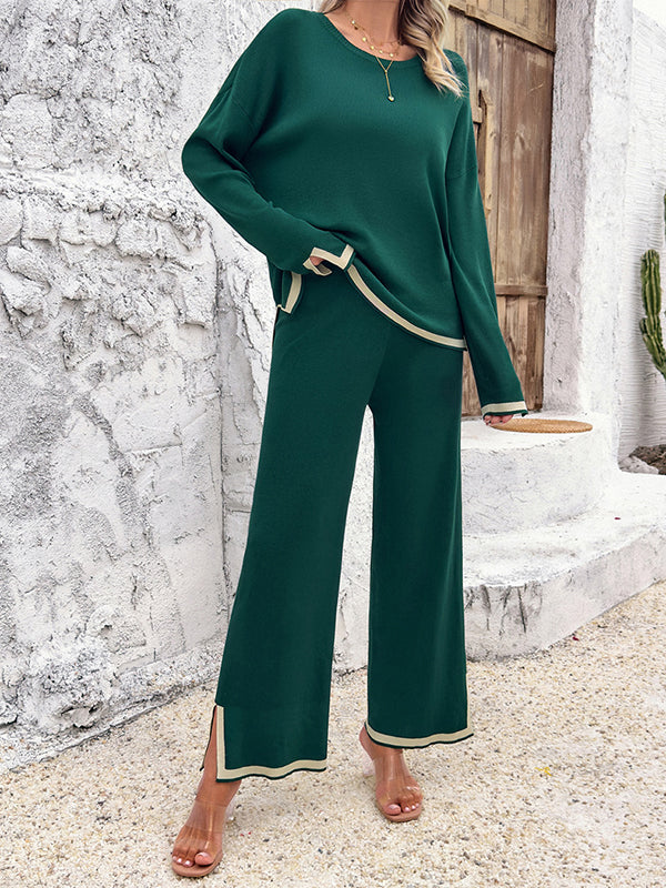 Long Sleeves Contrast Color Split-Joint Split-Side Round-Neck High-Low Sweater Tops +  Pants Bottom Two Pieces Set