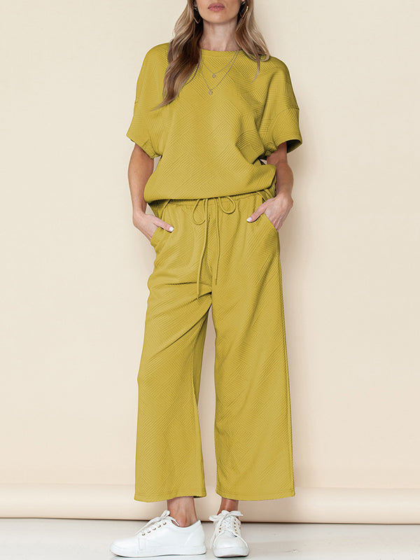 Loose Short Sleeves Solid Color Round-Neck T-Shirt Top + Drawstring Elasticity Pockets Pants Botttom Two Pieces Set