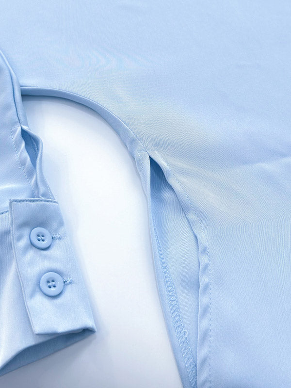 Loose Solid Color Split-Joint Boat Neck Long Sleeves Blouse & Shirt + Skirt Two Pieces Set