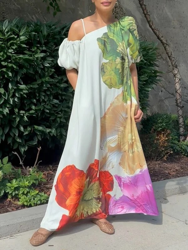 A-Line Loose Elasticity Flower Print One-Shoulder Maxi Dresses