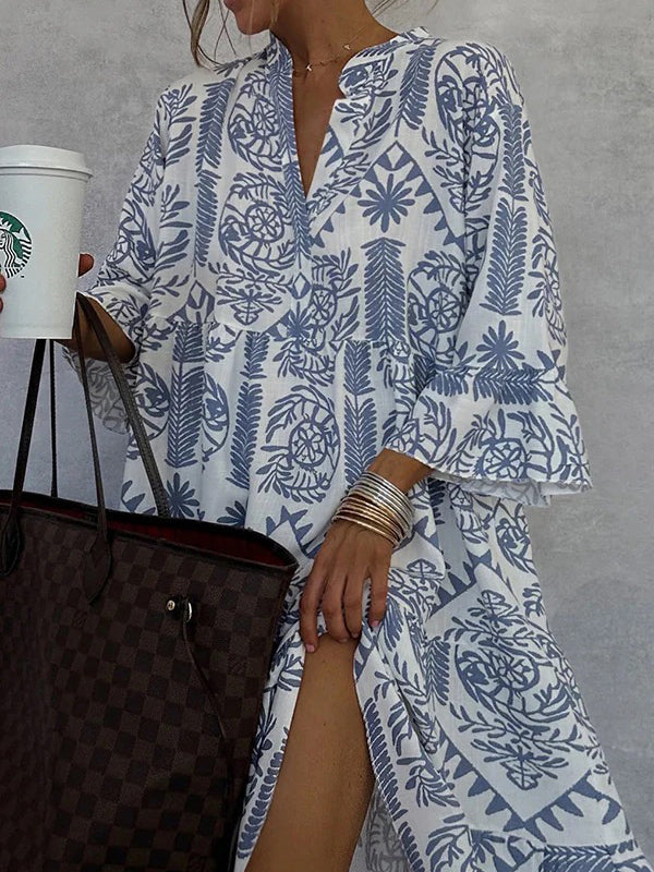 Loose Three-Quarter Sleeves Falbala Printed V-Neck Midi Dresses