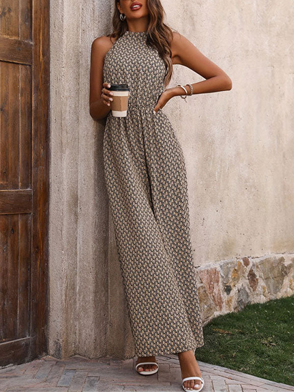 Loose Wide Leg Elasticity Printed Split-Joint Round-Neck Jumpsuits