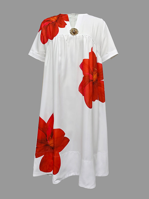 A-Line Loose Flower Print Pleated V-Neck Midi Dresses