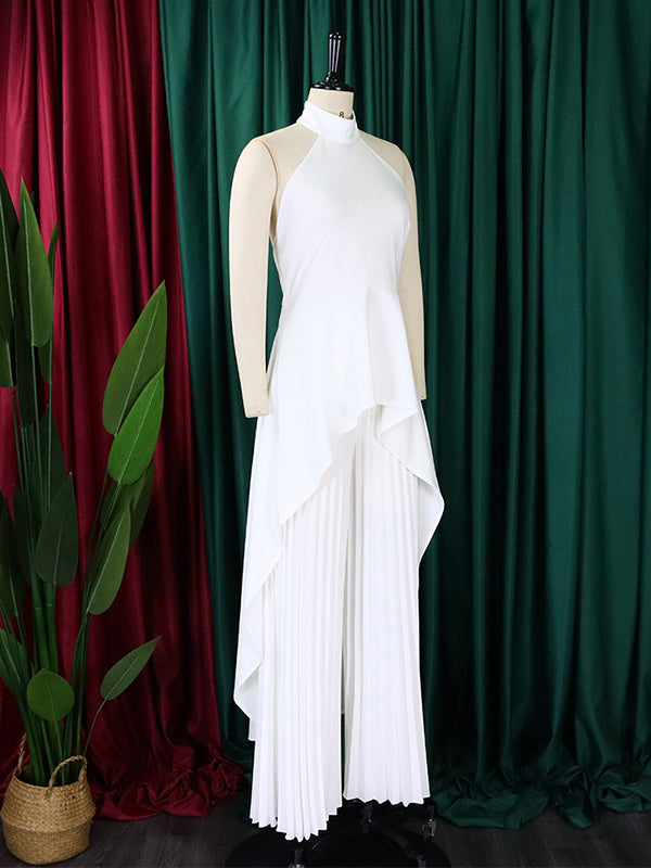 Loose Backless Lacy Solid Color Halter-Neck Vest Top + High-Low Pants Bottom Two Pieces Set