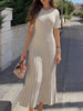 Short Sleeves Pleated Solid Color Tied Waist Round-Neck Maxi Dresses