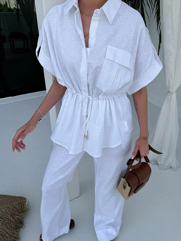 Loose Drawstring Split-Joint Tied Waist Lapel Blouse + High Waisted Pants Trousers Two Pieces Set