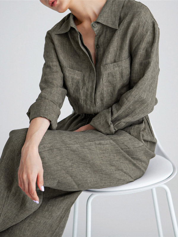 Urban Linen Drawstring Elastic Waisted Wide Leg Long Sleeves Jumpsuits