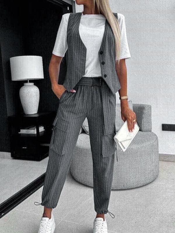 Loose Buttoned Striped V-Neck Vest Top + Drawstring Pockets Ninth Pants Pleated Pants Bottom Two Pieces Set