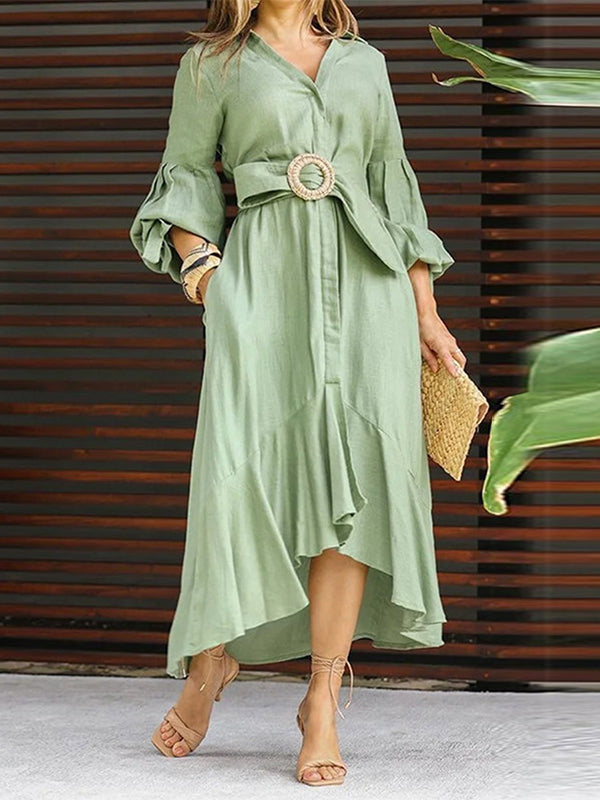 High-Low Puff Sleeves Pleated Solid Color Lapel Collar Maxi Dresses