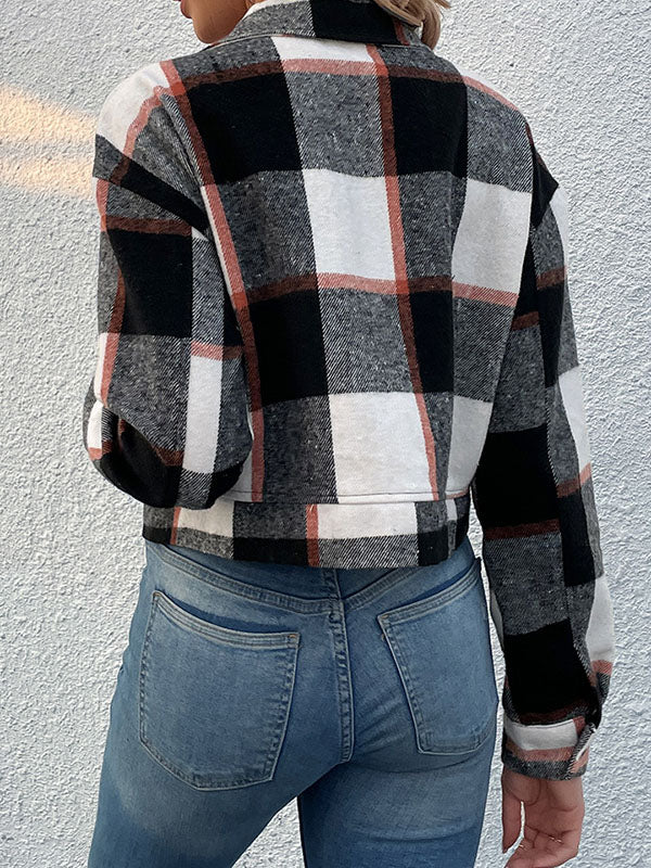 Long Sleeves Loose Buttoned Plaid Pockets Split-Joint Lapel Jackets Outerwear