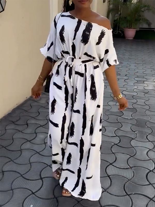 Half Sleeves Loose Printed Striped Tied Waist One-Shoulder Jumpsuits