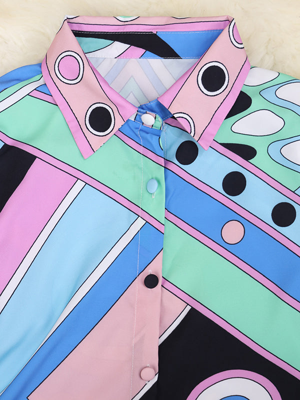 Long Sleeves Buttoned Contrast Color Printed Lapel Blouses&Shirts Tops + Pleated Bodycon Skirts Bottom Two Pieces Set