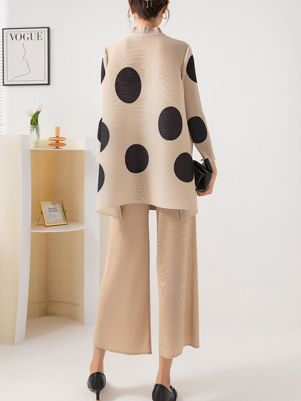 Long Sleeves Loose Pleated Polka Dot Stand Collar Top + Pants Bottomtwo Pieces Set