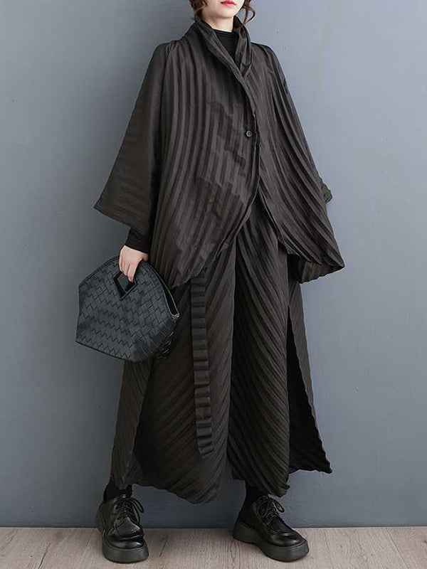 Long Sleeves Loose Buttoned Pleated Solid Color Stand Collar Shirts Top + Pants Bottom Two Pieces Set