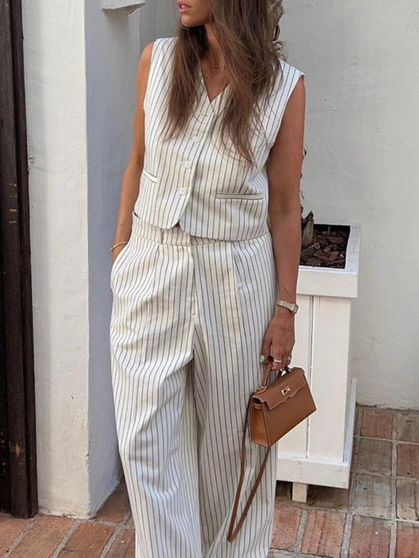 Loose Sleeveless Buttoned Striped V-Neck Vest Top + Pockets Pants Bottom Two Pieces Set