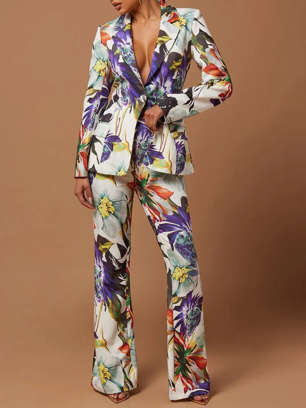 Long Sleeves Floral Printed Split-Joint Lapel Blazer Suit Outerwear