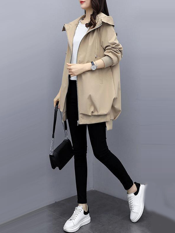 Casual Loose 4 Colors Pleated Zipper Hooded Long Sleeves Outwear