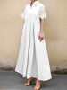A-Line Loose Pleated Solid Color Split-Joint Lapel Maxi Dresses Shirt Dress
