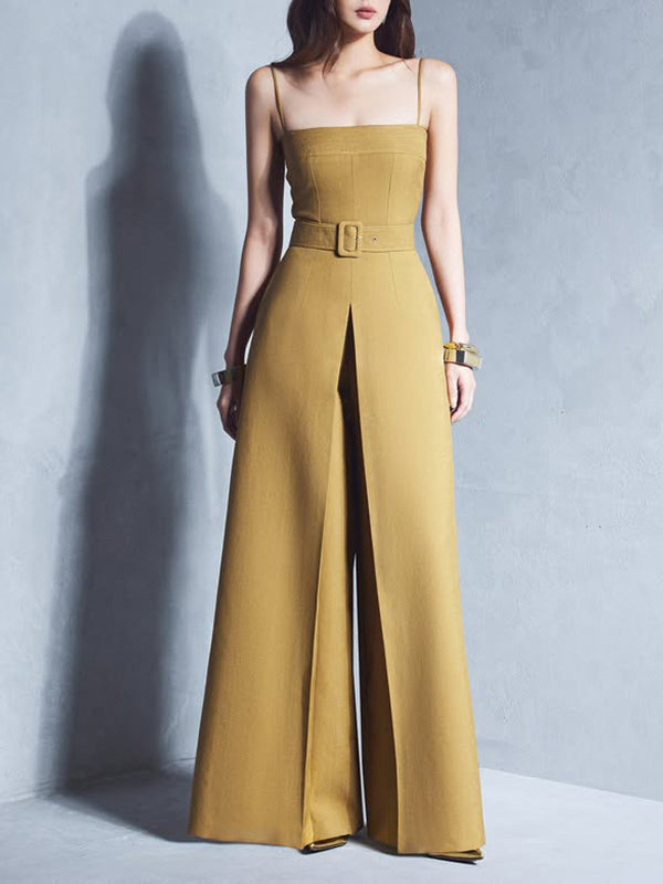 High Waisted Sleeveless Belted Solid Color Spaghetti-Neck Jumpsuits
