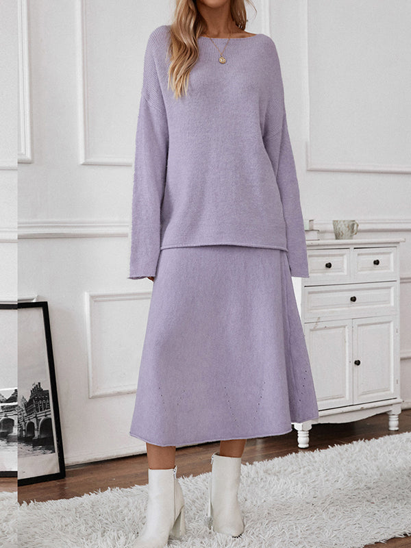 Loose Solid Color Long Sleeves Round-Neck Sweater Top + Skirt Two Pieces Set
