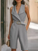 Sleeveless Belted Pockets Solid Color V-Neck Rompers