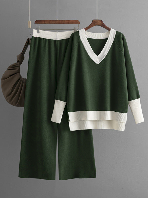 High-Low Contrast Color Split-Side V-Neck Sweater Tops + Elasticity Pants Trousers Two Pieces Set