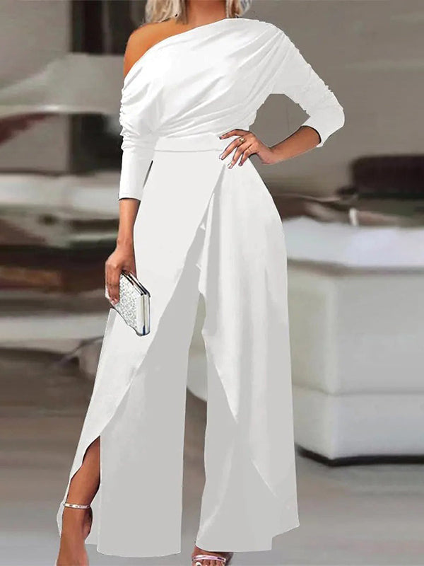 Solid Color One-Shoulder Long Sleeves T-Shirt + High-Waisted Wide Leg Pants Trousers Two Pieces Set