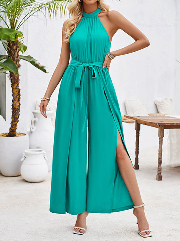 High Waisted Loose Pleated Solid Color Split-Front Tied Waist Halter-Neck Jumpsuits