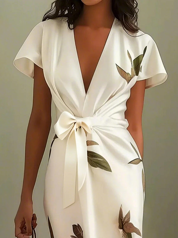 Raglan Sleeve Asymmetric Pleated Printed Split-Joint V-Neck Midi Dresses