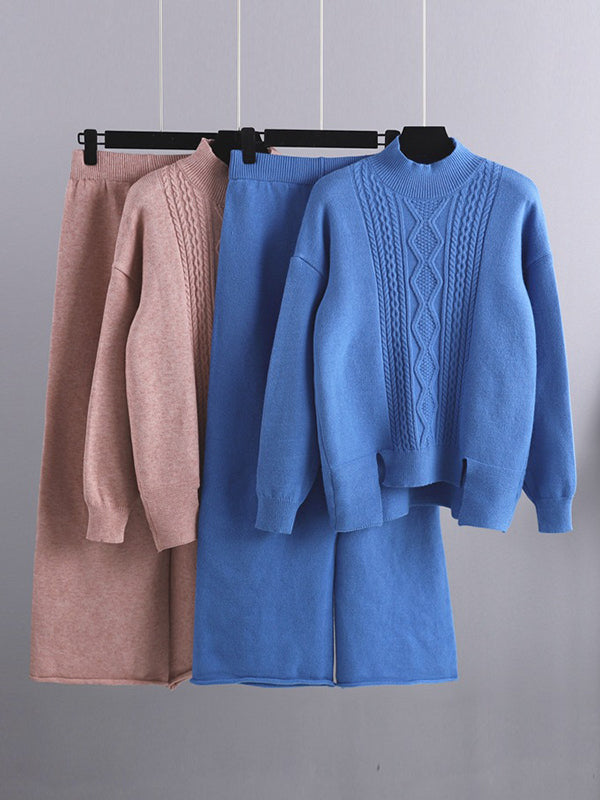 Urban Loose Split-Side Half Turtleneck Sweater Tops& Wide Leg Pants Two Pieces Set