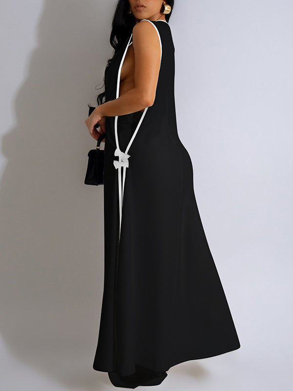 Sleeveless Contrast Color Split-Joint V-Neck Top + Wide Leg Pants Trousers Two Pieces Set